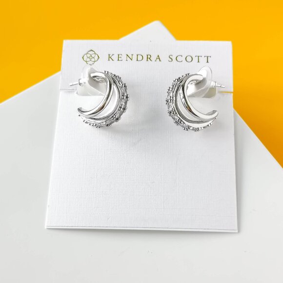 Kendra Scott Livy Silver White Crystal Huggie Earrings Dainty - Picture 1 of 3